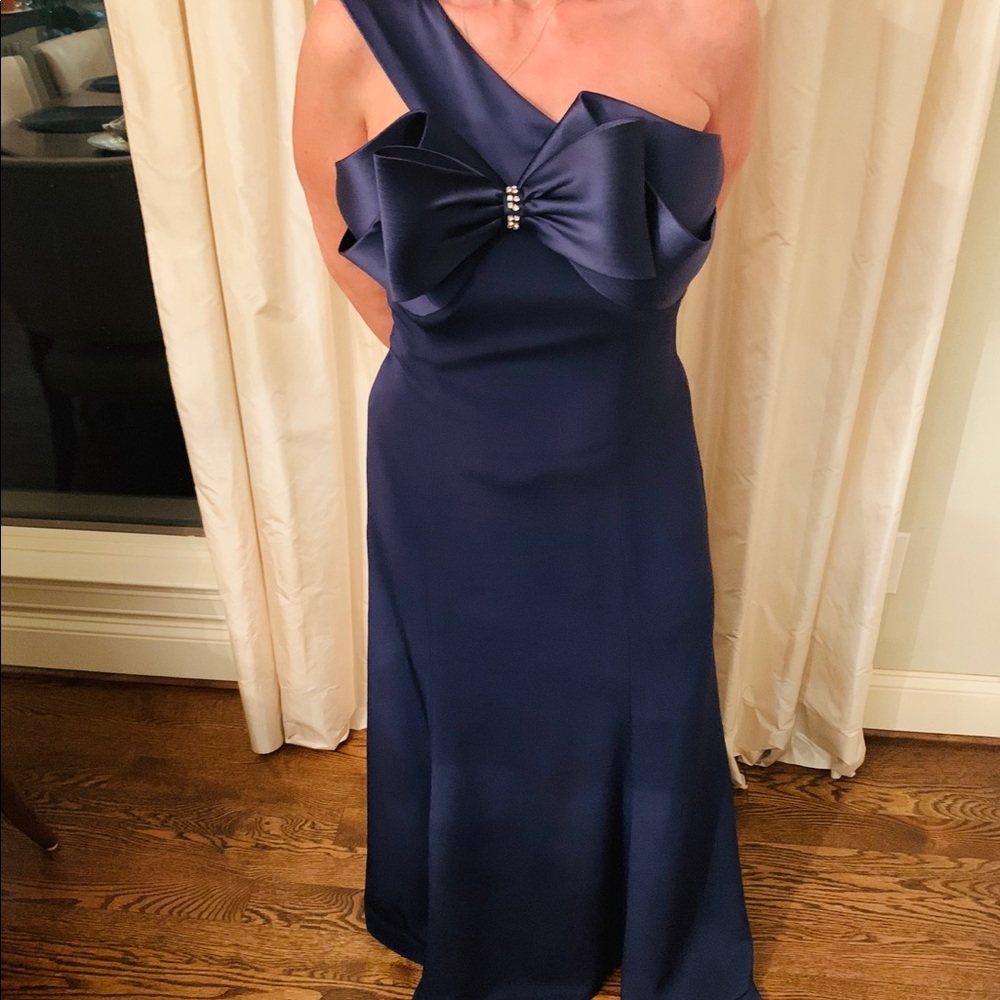 Formal navy blue one shoulder dress